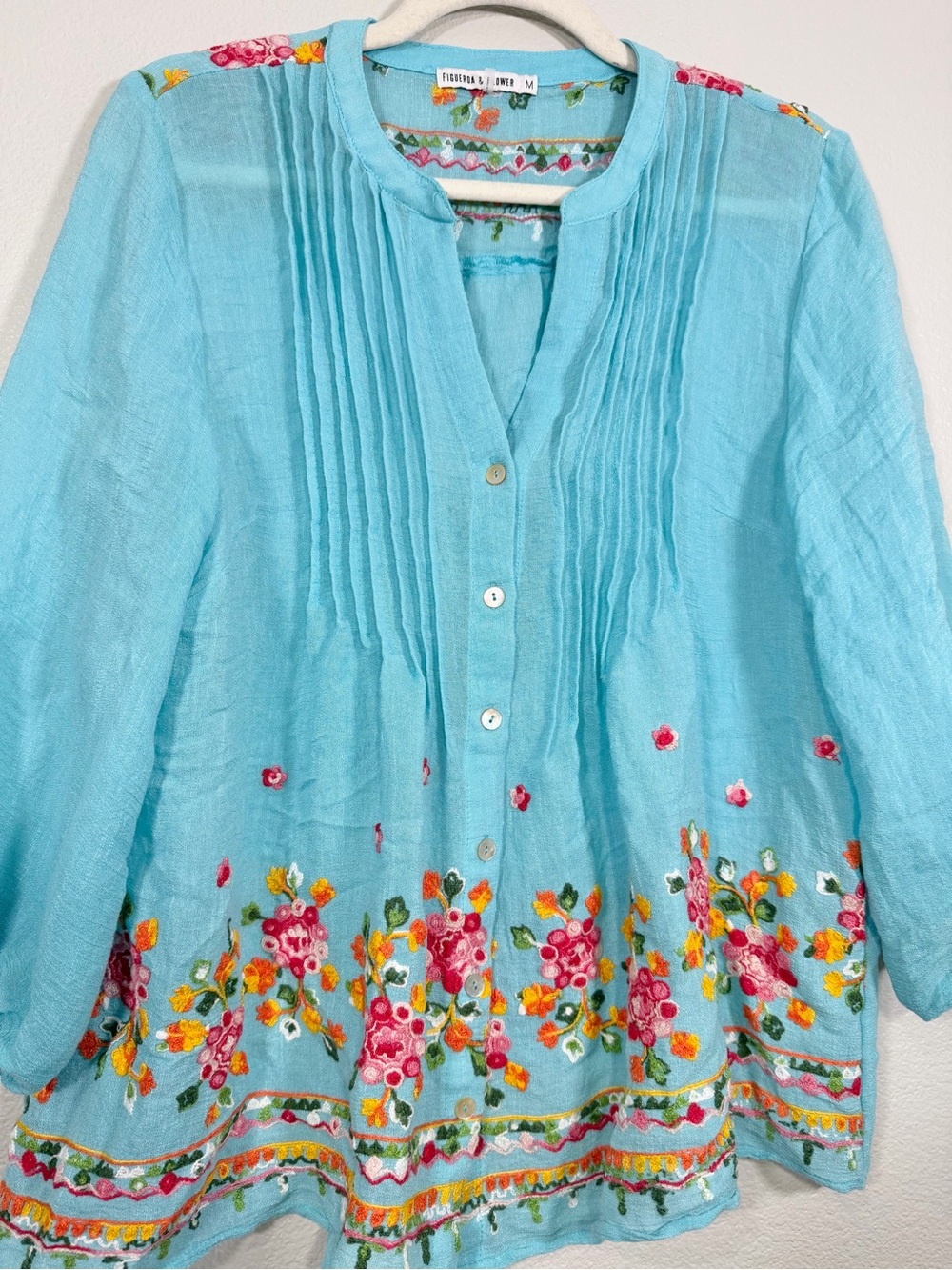 Anthropologie Figueroa & Flower Shirt Blue Embroidered Floral Blouse Top Women M - Picture 3 of 7
